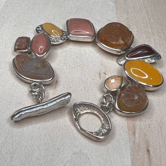 Sterling Silver shades of brown multi opaque 7 1/4 inch bracelet - Picture 5 of 5